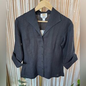 Talbots black Irish linen button-up top 3/4 sleeves w/ turn back cuff & v-neck